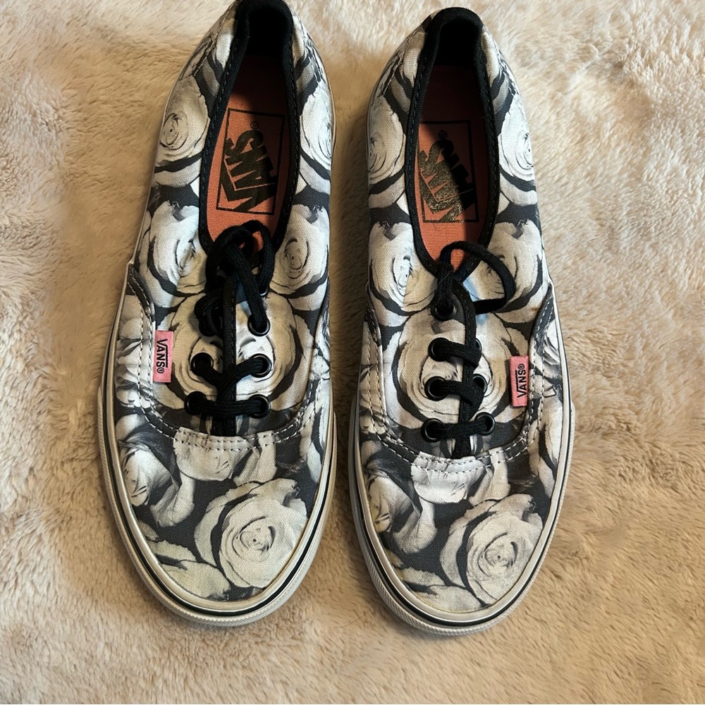 Vans Black and White Rose Pattern Sneakers